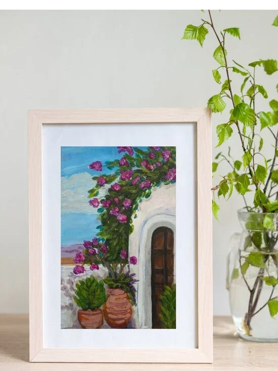 Greek Island Courtyard Floral Wall Art with Purple and Green Accents - Picture 2 of 6